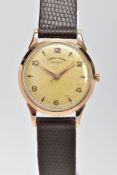 A 9CT GOLD CASE HAND-WOUND FAVRE-LEUBA WRISTWATCH, discoloured cream dial, Arabic and arrow markers,