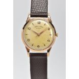 A 9CT GOLD CASE HAND-WOUND FAVRE-LEUBA WRISTWATCH, discoloured cream dial, Arabic and arrow markers,