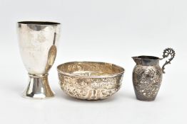 TWO PIECES OF LATE 19TH CENTURY SILVER AND A WHITE METAL CHALICE, comprising a small cream jug