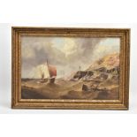 H. MOORE (19TH CENTURY), BOATS IN ROUGH SEAS OFF A ROCKY SHORE LINE, figures in a fishing boat are