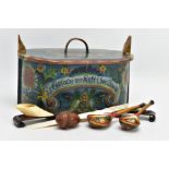 A LATE 19TH CENTURY SCANDANAVIAN OR EASTERN EUROPEAN PAINTED BENTWOOD DOWRY BOX AND COVER (TINE OR