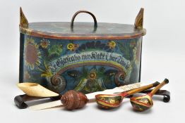 A LATE 19TH CENTURY SCANDANAVIAN OR EASTERN EUROPEAN PAINTED BENTWOOD DOWRY BOX AND COVER (TINE OR