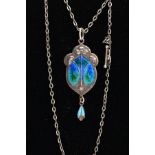 AN ART NOUVEAU SILVER AND ENAMEL PENDANT BY ABRAHAM & BINT, of a foliate form with blue and green