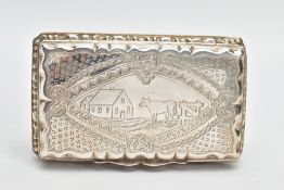 A 19TH CENTURY DUTCH SILVER BOX OF RECTANGULAR FORM, the hinged lid engraved with a scene of a