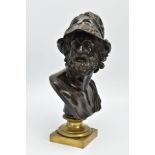 A 19TH CENTURY BRONZE BUST OF AJAX, mounted on a brass pedestal with square base, unsigned, height