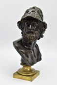 A 19TH CENTURY BRONZE BUST OF AJAX, mounted on a brass pedestal with square base, unsigned, height