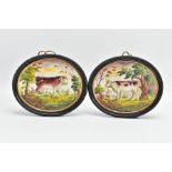 A PAIR OF 19TH CENTURY STAFFORDSHIRE POTTERY PLAQUES OF OVAL FORM, moulded in relief with a cow