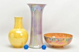 THREE PIECES OF RUSKIN LUSTRE GLAZED POTTERY, comprising an orange lustre glazed egg shell