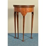 A GEORGE III MAHOGANY DEMI LUNE TEA TABLE, of small proportions, with a double fold over top, one