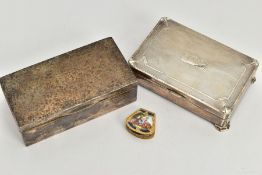 TWO GEORGE V RECTANGULAR SILVER CIGARETTE BOXES AND AN ENAMEL AND GILT 800 STANDARD PILL BOX, the