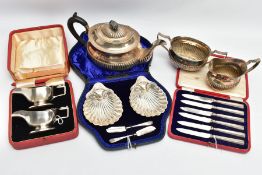 A PARCEL OF 20TH CENTURY CASED SILVER AND A THREE PIECE SILVER PLATED TEA SET, comprising a cased