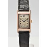 A 9CT GOLD HAND-WOUND RECTANGULAR WRISTWATCH, deteriorating cream dial signed 'Spinkins from Dent,