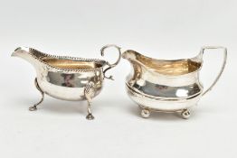 A GEORGE III SILVER CREAM JUG AND A GEORGE III SILVER SAUCE BOAT, the cream jug of shaped