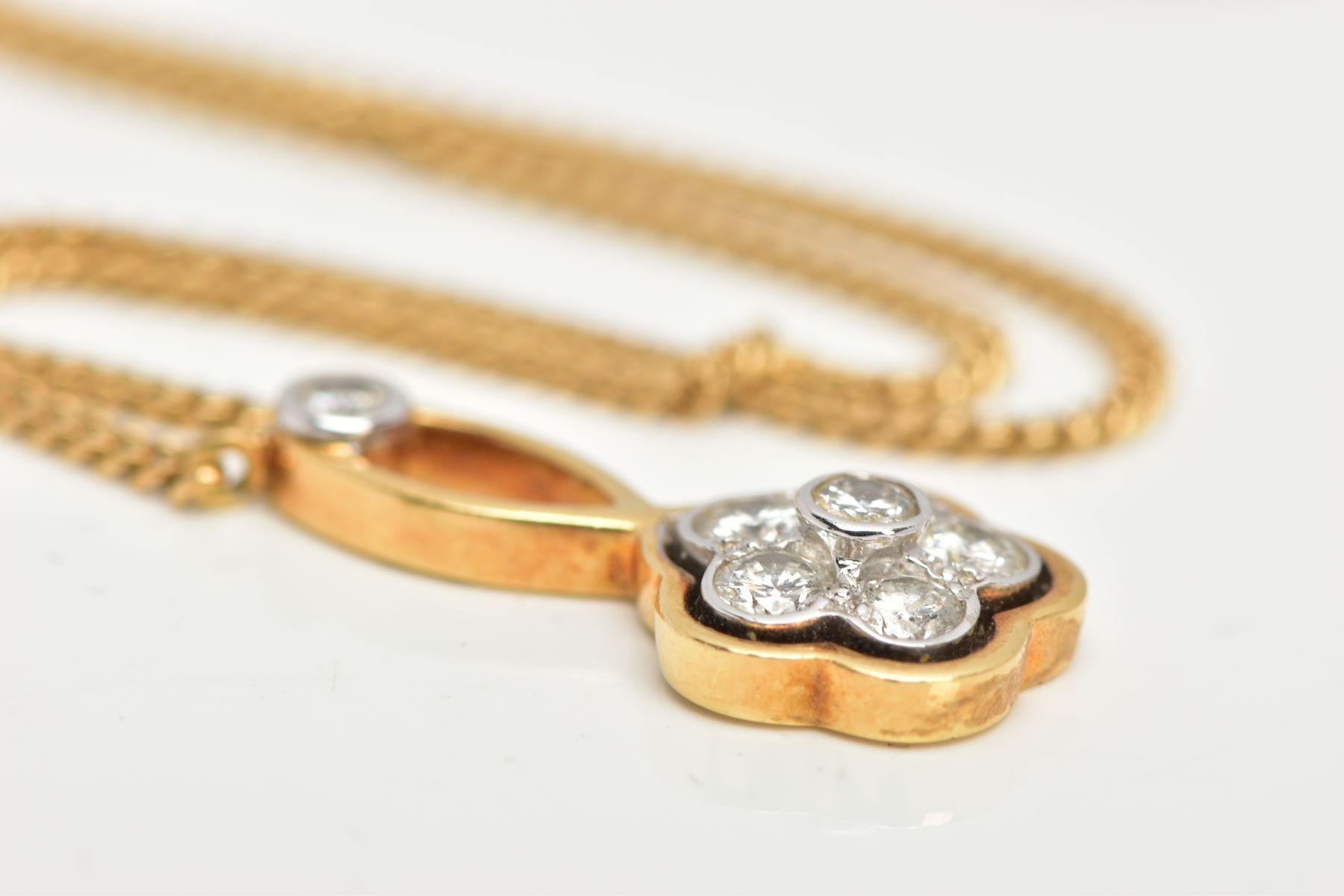 A MODERN 18CT GOLD DIAMOND CLUSTER DROP PENDANT AND CHAIN, a round flower cluster of brilliant cut - Image 6 of 6
