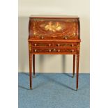 A SHERATON REVIVAL MAHOGANY AND MARQUETRY PAINTED BARREL FRONTED BUREAU, decorated with floral
