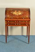 A SHERATON REVIVAL MAHOGANY AND MARQUETRY PAINTED BARREL FRONTED BUREAU, decorated with floral