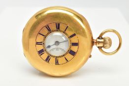 AN 18CT GOLD HALF HUNTER TOP WIND POCKET WATCH, white Roman numeral dial, subsidiary dial to six o'