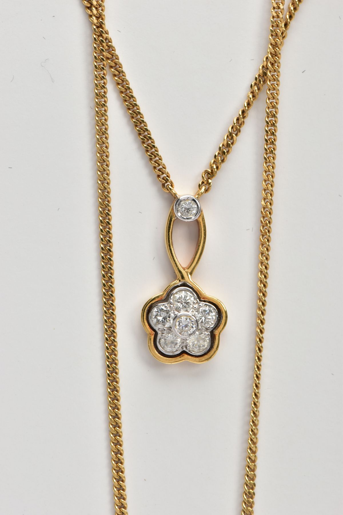 A MODERN 18CT GOLD DIAMOND CLUSTER DROP PENDANT AND CHAIN, a round flower cluster of brilliant cut - Image 3 of 6