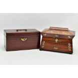 A GEORGE III MAHOGANY TEA CADDY OF RECTANGULAR FORM, brass swan neck handle to the hinged lid, brass