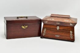 A GEORGE III MAHOGANY TEA CADDY OF RECTANGULAR FORM, brass swan neck handle to the hinged lid, brass