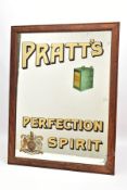 AN EARLY 20TH CENTURY PRATT'S PERFECTION SPIRIT ADVERTISING MIRROR IN A RECTANGULAR OAK FRAME,