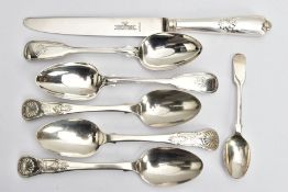 A SMALL PARCEL OF SILVER FLATWARE, comprising a set of three Kings pattern dessert spoons with