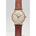 A 9CT GOLD HAND-WOUND TIMOR WRISTWATCH, circular silvered dial with Arabic numerals, subsidiary