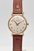 A 9CT GOLD HAND-WOUND TIMOR WRISTWATCH, circular silvered dial with Arabic numerals, subsidiary