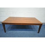 A DANISH 1960'S/70'S ROSEWOOD COFFEE TABLE, on square tapering legs, unlabelled, length 123cm x
