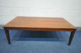 A DANISH 1960'S/70'S ROSEWOOD COFFEE TABLE, on square tapering legs, unlabelled, length 123cm x