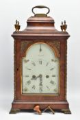 A GEORGE III MAHOGANY AND BRASS CASED TWIN FUSEE EIGHT DAY BRACKET CLOCK, the bell top with hinged