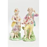 A PAIR OF LATE 18TH CENTURY DERBY FIGURES OF FRENCH SHEPHERD AND SHEPHERDESS, circa 1780, he
