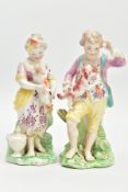 A PAIR OF LATE 18TH CENTURY DERBY FIGURES OF FRENCH SHEPHERD AND SHEPHERDESS, circa 1780, he