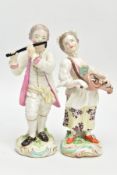 A NEAR PAIR OF LATE 18TH / EARLY 19TH CENTURY DERBY FIGURES OF MUSICIANS, comprising a boy playing a