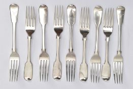 A MATCHED SET OF NINE GEORGE III AND VICTORIAN SILVER FIDDLE PATTERN TABLE FORKS, comprising five