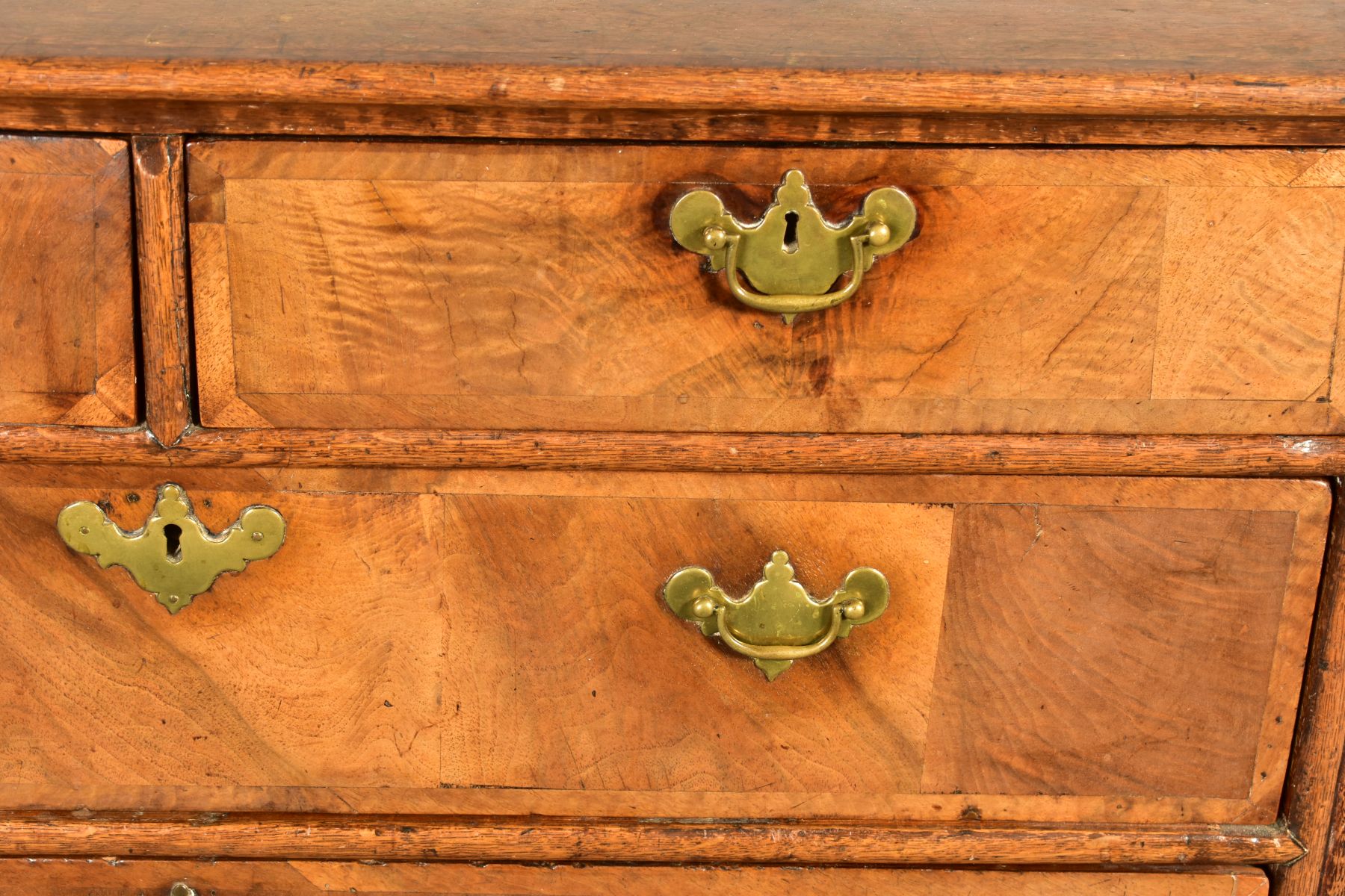 A GEORGE I AND LATER OAK CHEST OF TWO SHORT OVER THREE LONG GRADUATED DRAWERS, the drawer fronts - Image 3 of 11