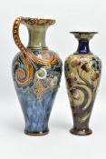 TWO PIECES OF DOULTON STONEWARE BY FRANK BUTLER, comprising a ewer of baluster form, the mottled