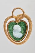 A MID VICTORIAN BLOODSTONE CAMEO SNAKE PENDANT, designed as a central heart shape bloodstone cameo