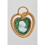 A MID VICTORIAN BLOODSTONE CAMEO SNAKE PENDANT, designed as a central heart shape bloodstone cameo