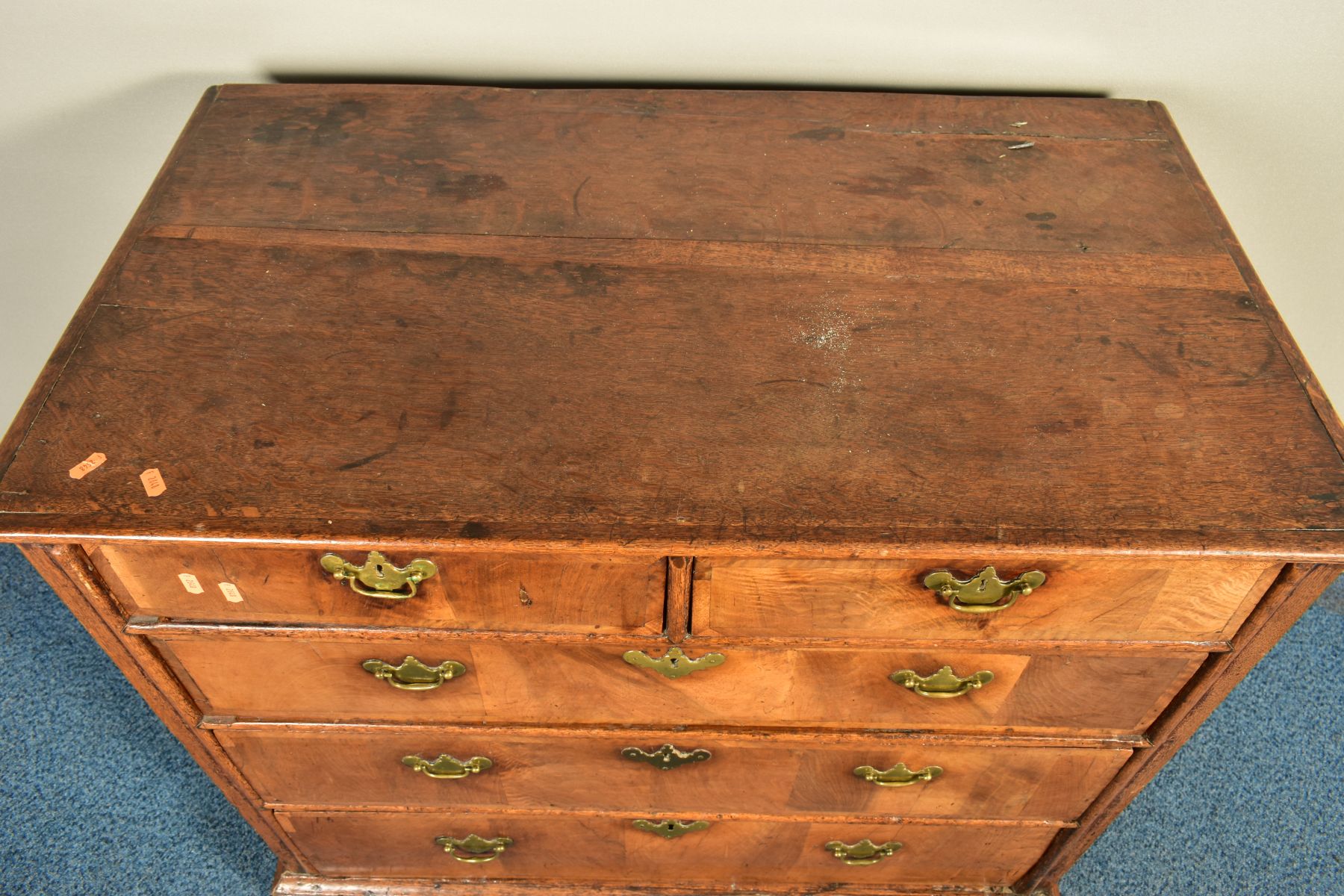 A GEORGE I AND LATER OAK CHEST OF TWO SHORT OVER THREE LONG GRADUATED DRAWERS, the drawer fronts - Image 2 of 11