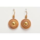 A PAIR OF LATE VICTORIAN GOLD EARRINGS, each of tiered circular design with a central dome,