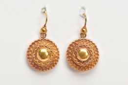 A PAIR OF LATE VICTORIAN GOLD EARRINGS, each of tiered circular design with a central dome,