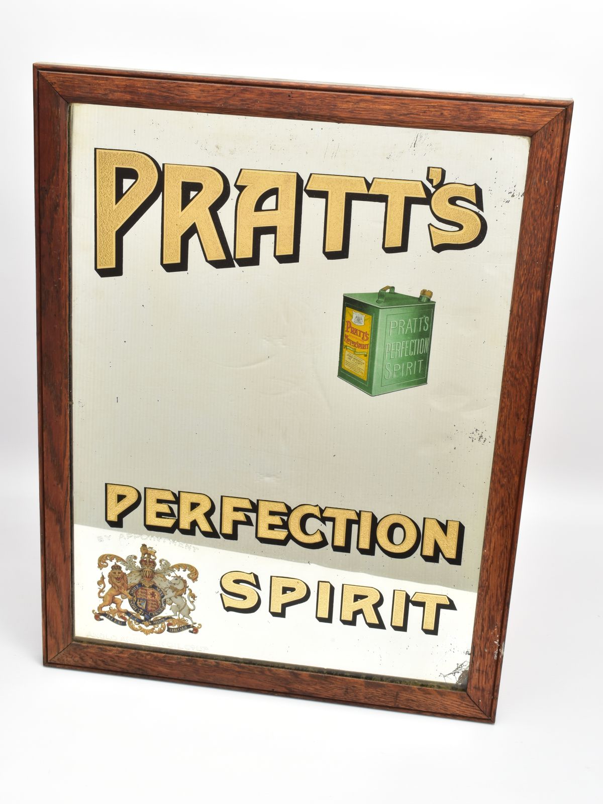 AN EARLY 20TH CENTURY PRATT'S PERFECTION SPIRIT ADVERTISING MIRROR IN A RECTANGULAR OAK FRAME, - Image 6 of 8