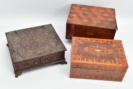 A 19TH CENTURY OAK CHIP CARVED WORK BOX IN 17TH CENTURY STYLE, the hinged top and four sides