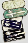 THREE CASED SETS OF CHILDREN'S SILVER CUTLERY, comprising a knife, fork and spoon set, the knife