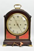 A GEORGE III MAHOGANY AND BRASS CASED TWIN FUSEE EIGHT DAY BRACKET CLOCK, the arched top with hinged