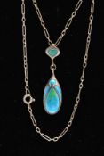 AN ART NOUVEAU SILVER AND ENAMEL PENDANT AND CHAIN BY MURRLE BENNETT, a two piece section pendant