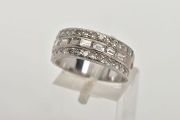 A MID TWENTEITH CENTURY TRIPLE ROW DIAMOND RING, comprising a central band of trap cut diamonds