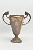 A GEORGE V SILVER TWIN HANDLED TROPHY CUP OF CONICAL FORM, the handles cast with lion mask topped '