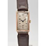 A 9CT GOLD HAND-WOUND RECTANGULAR CASED RECORD WRISTWATCH, deteriorating cream dial with Arabic